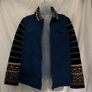 🍂 🌞 Retro Denim Jean Jacket Knit Patterned Sleeves size Large